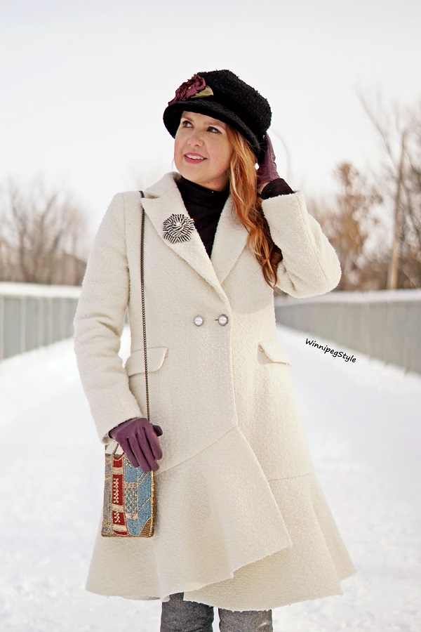 Winnipeg Style, Canadian fashion blog, vintage classic style, Chicwish Asymmetrical frill tweed winter white coat, Mary Frances book beaded handbag, Toucan collection wool bucket hat, winter style, Canadian winter style